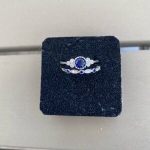925 Sterling Silver 2 Pc Blue Sapphire Gemstone Ring
